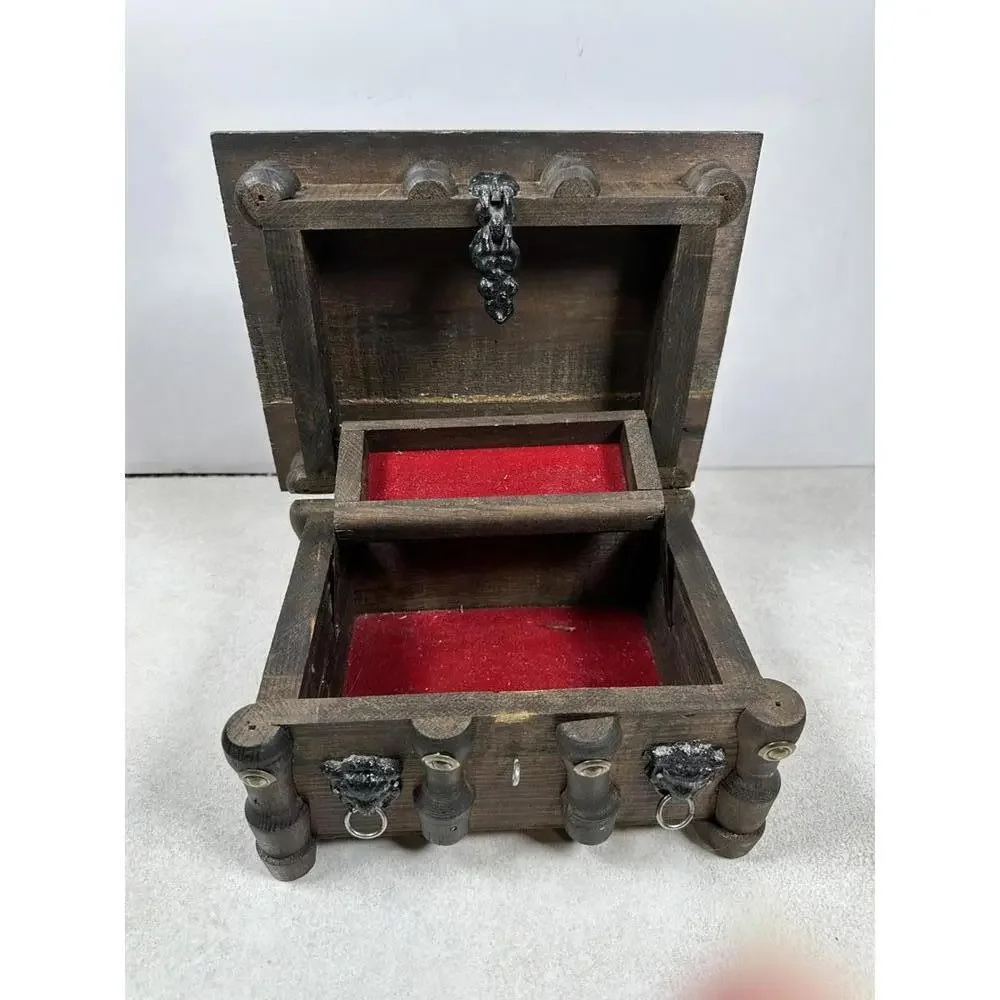 Vintage Wooden Jewelry Box With Lion Pulls Rustic Red Lined 10x7.75